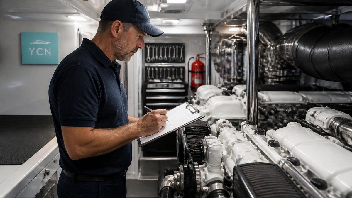 Marine surveyor inspecting the clean engine room of a luxury yacht with a clipboard and tools