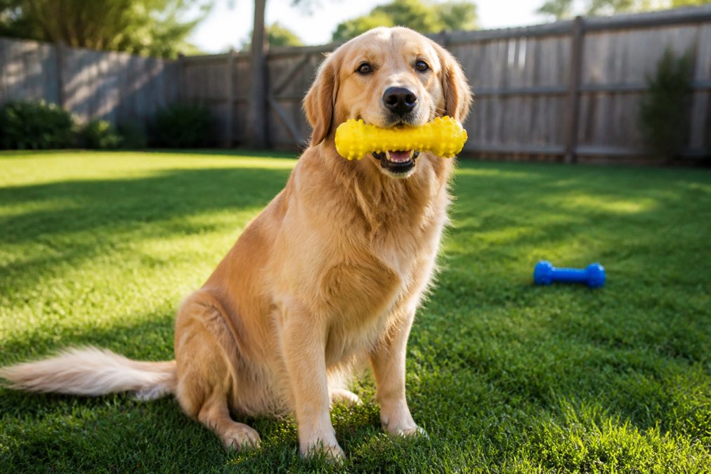 A happy golden retriever holding a bright yellow rubber chew toy in its mouth while sitting in a sunlit grassy backyard, with a blue toy visible in the background on the grass