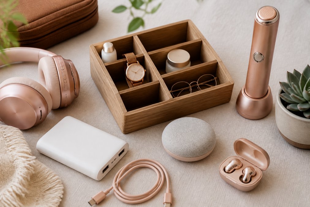 Flatlay of curated lifestyle gadgets arranged on a neutral surface: a portable phone charger with minimalist design, a beauty device in rose gold, a desk organizer in natural wood, and other aesthetic tech accessories