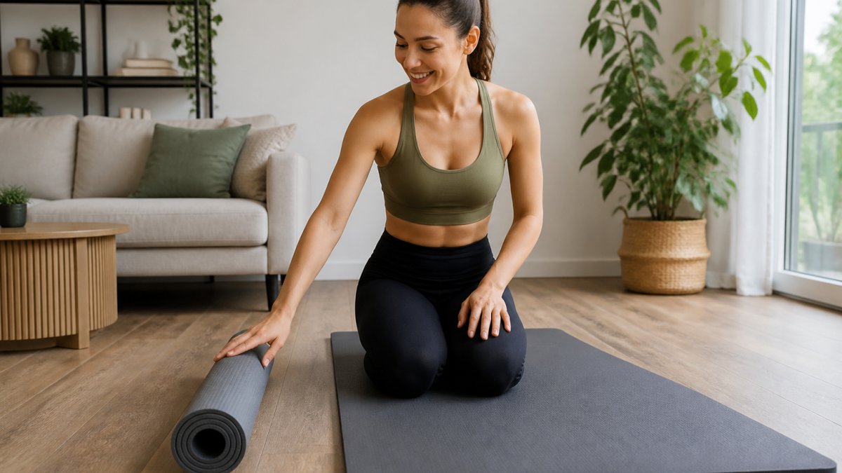 A woman in workout clothing kneeling on a 6mm TPE yoga mat in a bright home living room, with a second thinner mat rolled up beside her for visual comparison
