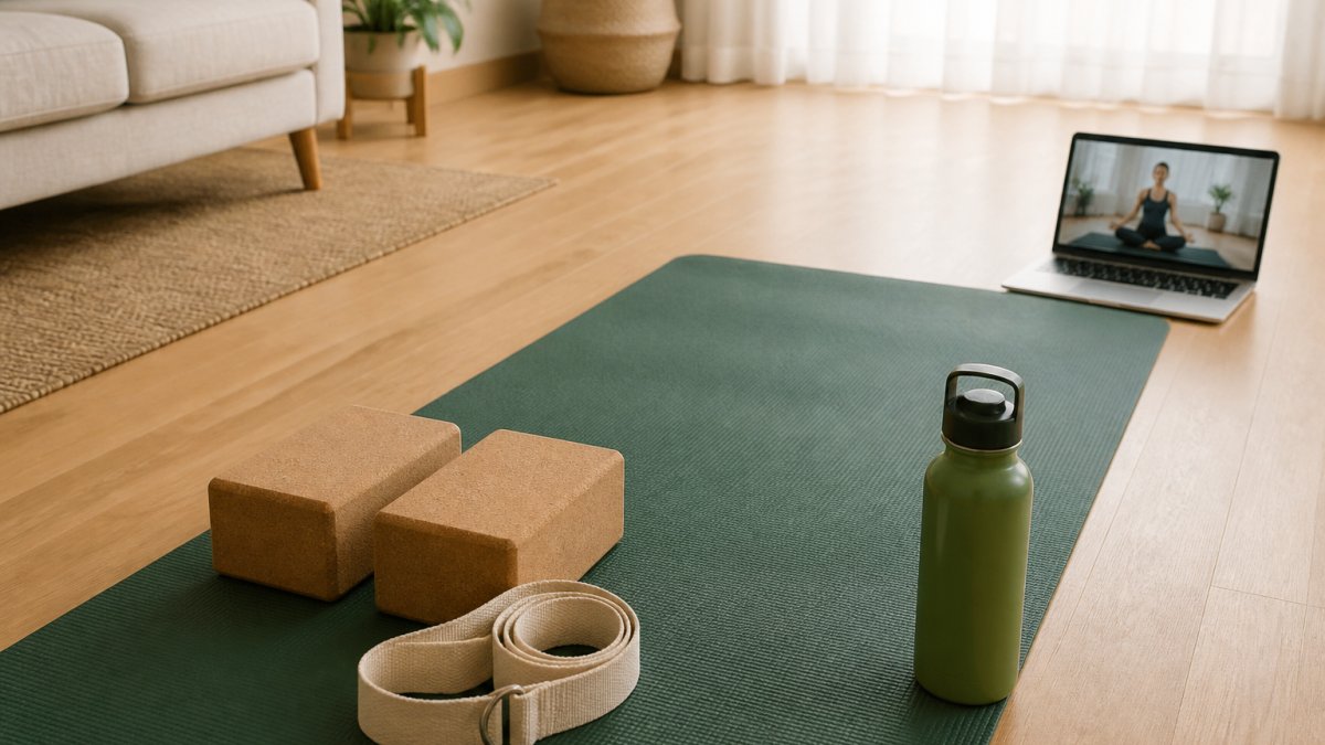 A yoga mat, two foam blocks, and a cotton strap arranged on a light wood floor in a bright living room, with a water bottle and an open laptop showing a yoga video nearby