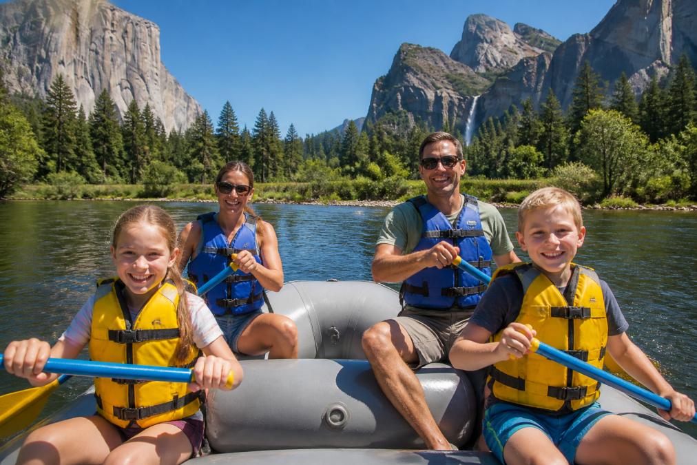 Professional illustration showing Family for best yosemite rafting trips for families