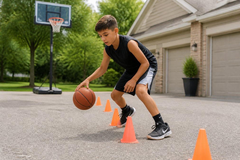 Young basketball player performing cone weave dribbling on a driveway with proper body posture, ball low and controlled, natural outdoor lighting