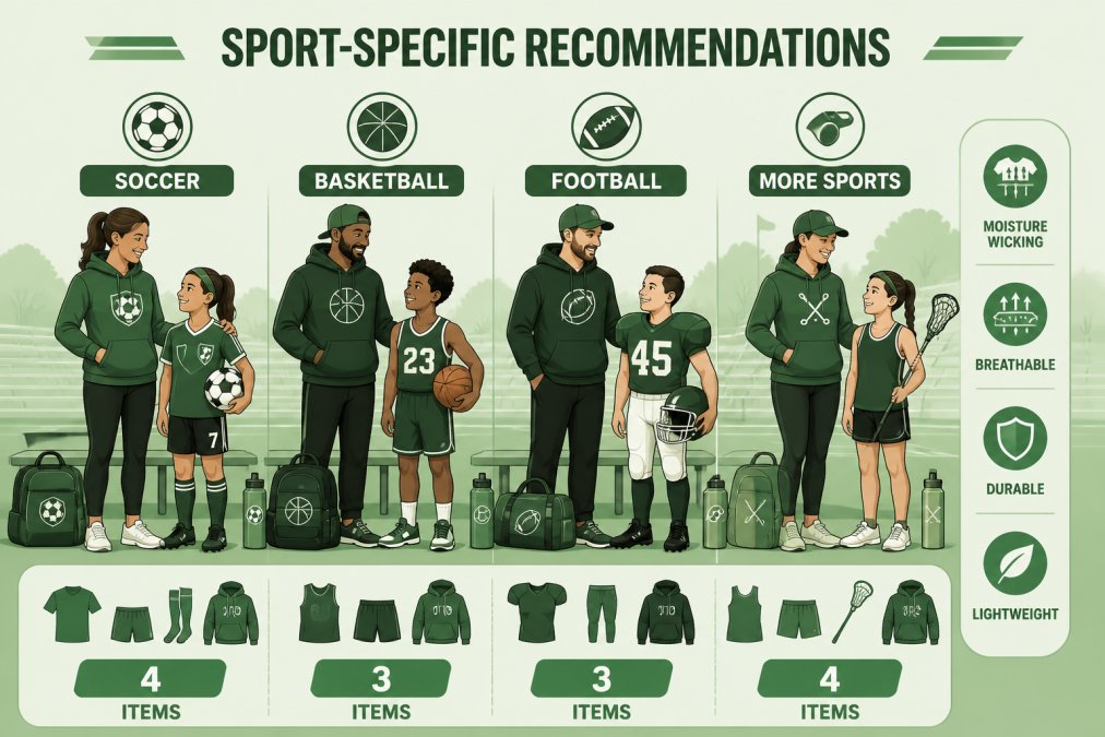 Parents and children wearing sport-specific apparel at a youth sports event, showing variety of outfits for different sports like soccer, basketball, and football on sidelines with natural outdoor lighting