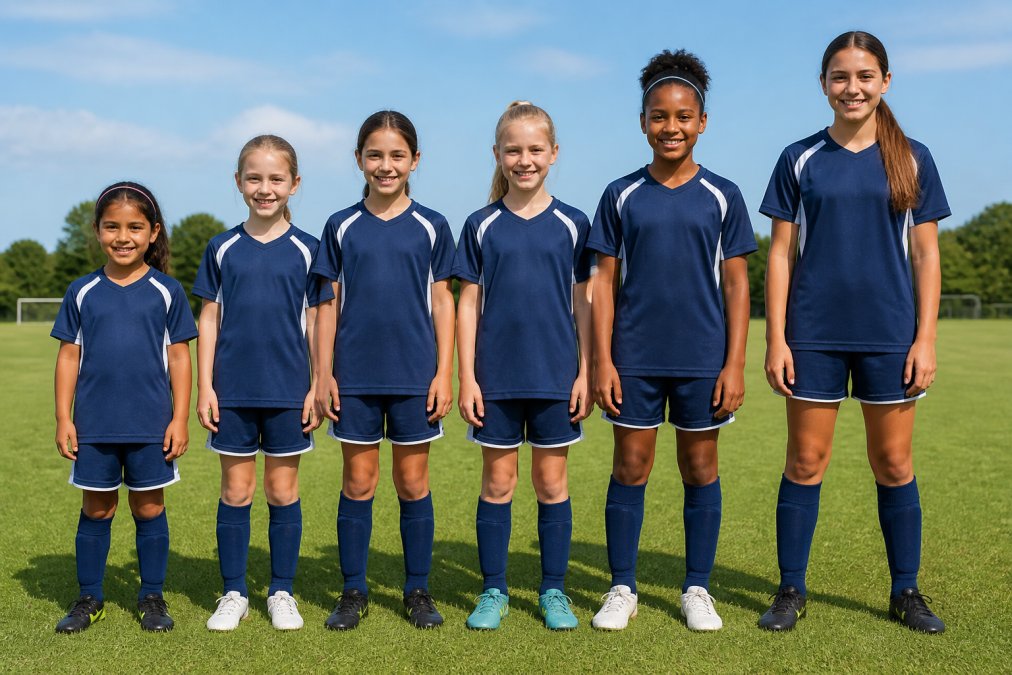 Young athletes wearing properly fitted youth sports team uniforms in various sizes, standing together on a field showing how athletic cut jerseys should fit different body types, with natural outdoor lighting