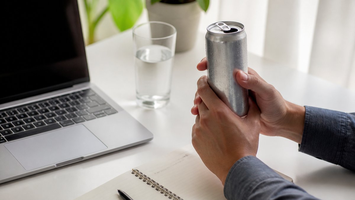 A close-up of a person's hands holding a cold can of zero sugar energy drink next to a laptop and notebook on a bright office desk, with a glass of water nearby
