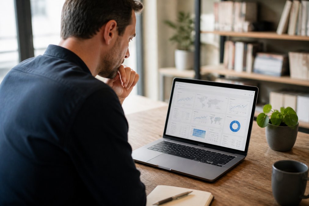 Ondernemer zittend aan bureau met laptop, kijkend naar analytics dashboard met grafieken en statistieken in blauw en groen, natuurlijke daglicht vanuit raam