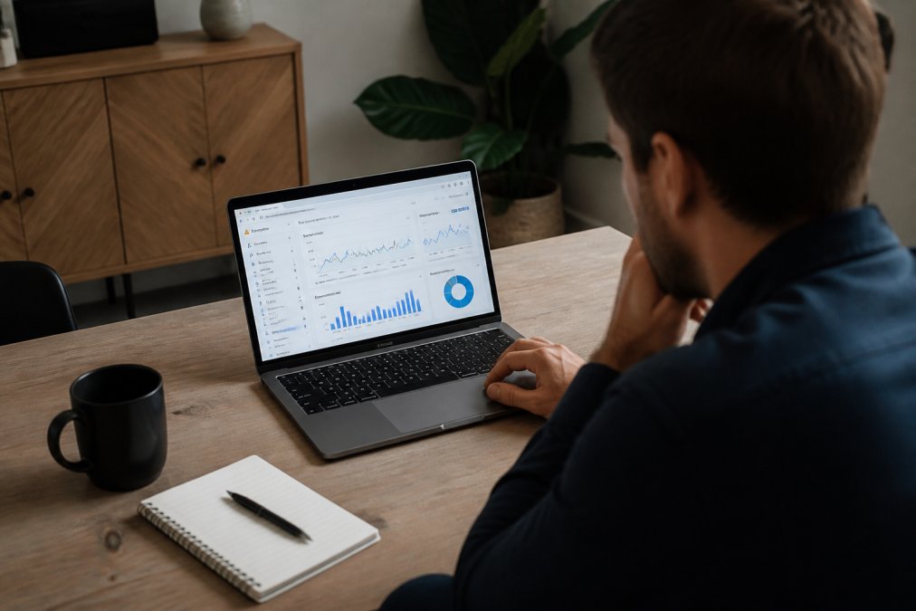 Ondernemer zittend aan bureau met laptop open, Google Analytics dashboard zichtbaar op het scherm met grafieken en statistieken, notitieblok en pen naast zich op houten tafel