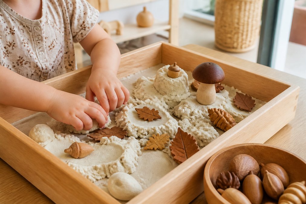 Kinderhanden spelen met houten speelgoed, natuurlijke klei en houten figuren op een zonnige houten tafel.