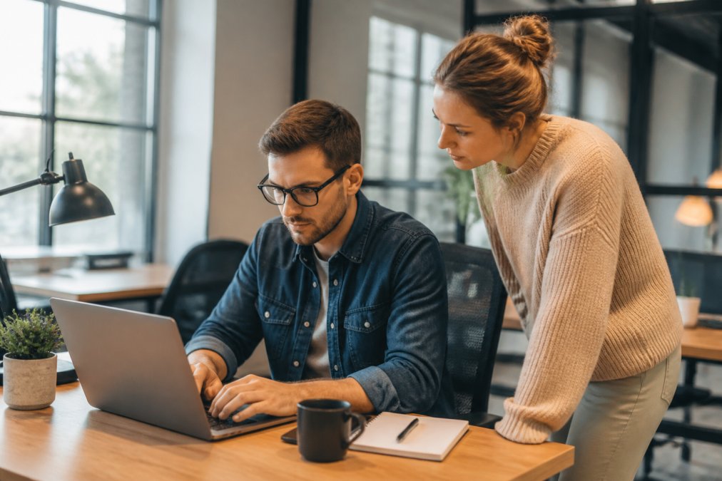 Webdesigner aan het werk op groot monitor scherm met analytics dashboards en A/B-test resultaten zichtbaar, moderne kantooromgeving met natuurlijk licht