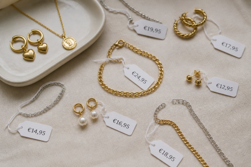 Close-up van verschillende stijlen zilveren en goudkleurige armbanden, oorbellen en kettingen op neutrale achtergrond met zichtbare prijskaartjes