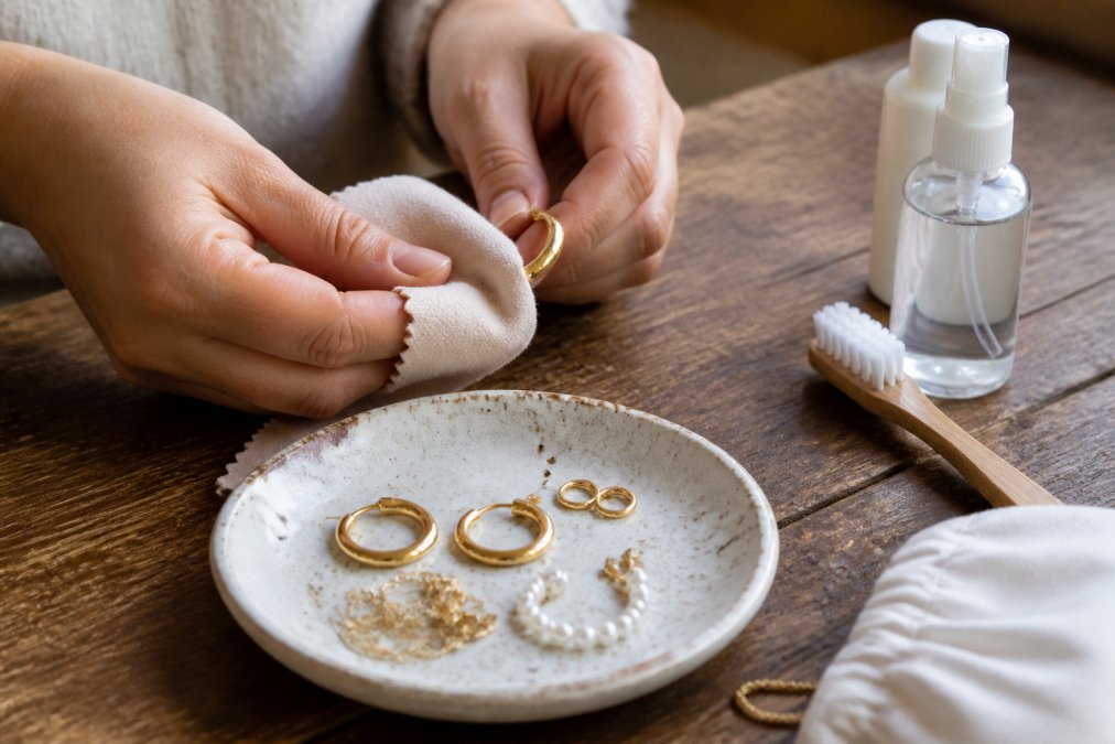 Handen die voorzichtig sieraden schoonmaken met zachte doek en schoonmaakproducten op houten oppervlak