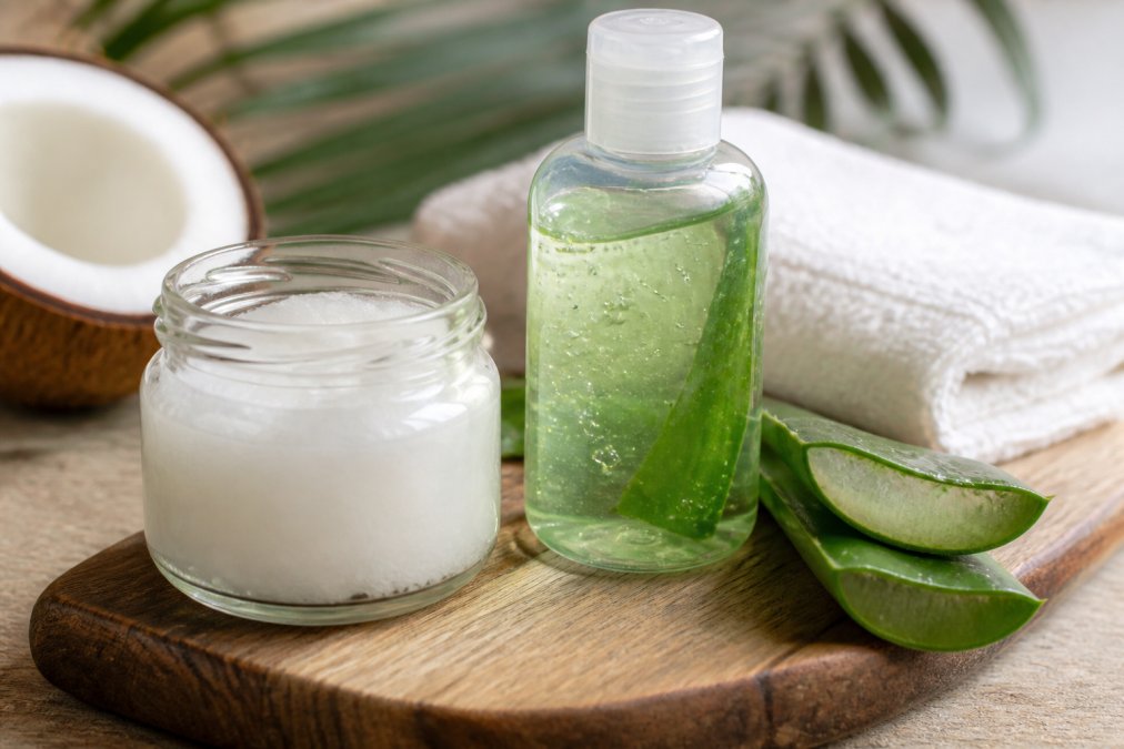Close-up van een glazen potje biologische kokosolie en een flesje pure aloë vera gel op een houten plankje naast een handdoek, zacht natuurlijk licht