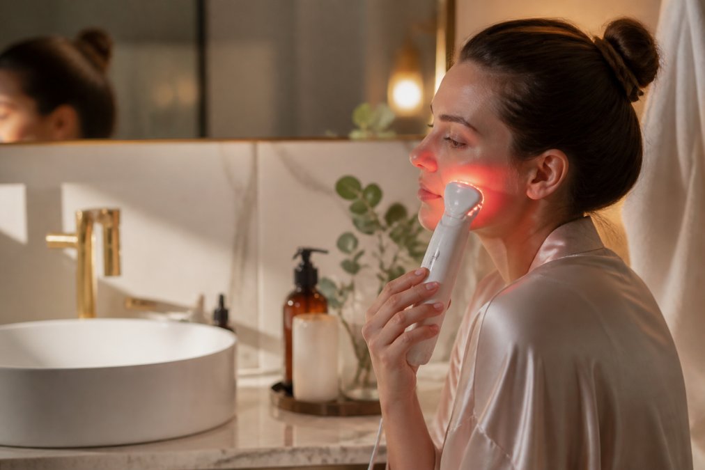Persoon gebruikt een handheld PDT lichttherapie-apparaat op hun gezicht in een modern thuisbadkamer, met warm licht en verzorgingsproducten netjes op de marmeren wastafel gerangschikt