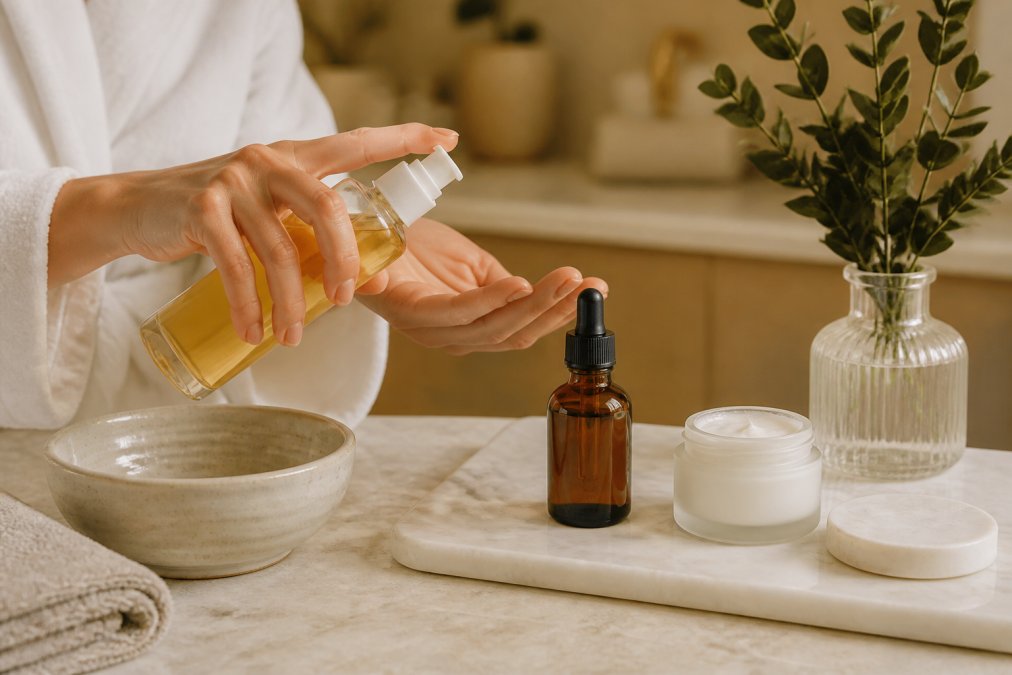 Close-up van handen die natuurlijke huidverzorgingsproducten in volgorde aanbrengen, reinigen, serum aanbrengen en moisturizer stappen tonen