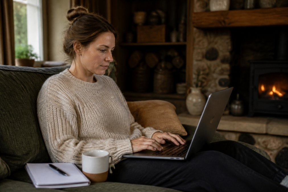 Persoon zittend op een comfortabele bank die op een laptop winkelt, met een kopje thee en notitieboekje naast zich in een rustieke, warme huisomgeving