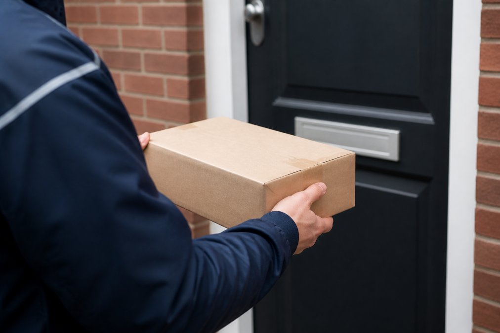 Netjes verpakt pakket in onopvallende kartonnen doos zonder merkbare afzender of branding, klaar voor discrete verzending via postbode