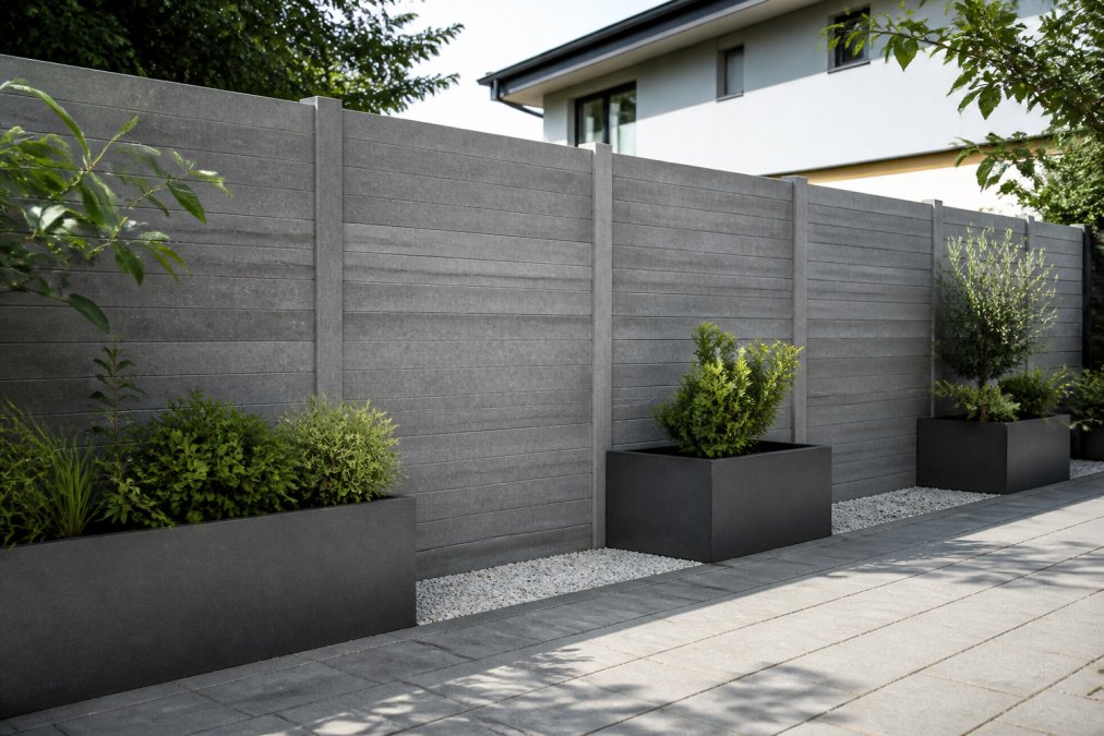 Voorkant van moderne tuin met grijze betonnen schutting, stoer uitgevoerd, groene plantenbakken ernaast