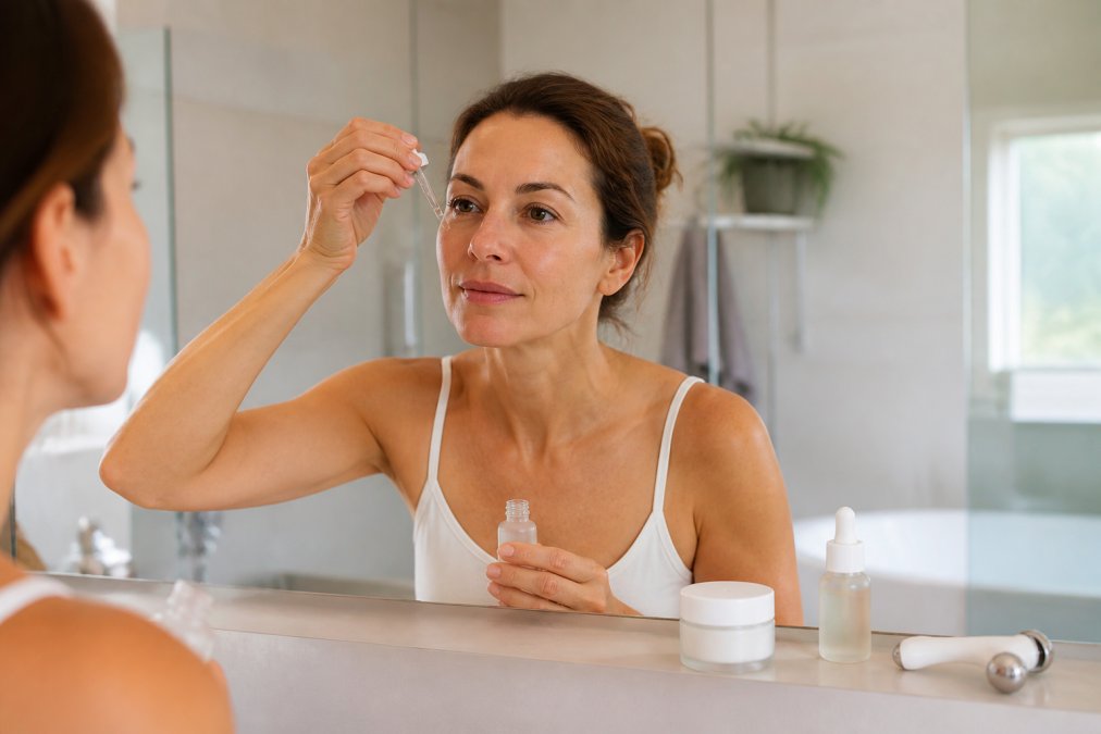 Eine Frau Mitte 40 trägt in einem hellen Badezimmer konzentriert ein Serum auf ihr Gesicht auf, daneben stehen aufgereiht eine Creme, ein Konzentrat und ein Beauty-Tool auf dem Waschbecken