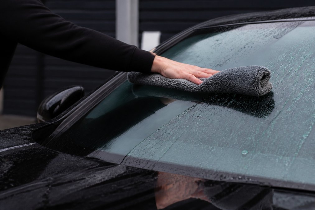 Close-up van iemand die een grote twisted-loop droogdoek rolt over een natte autoruit, waarbij waterdruppels zichtbaar zijn en de doek zachtjes over het glas beweegt in rechte lijnen