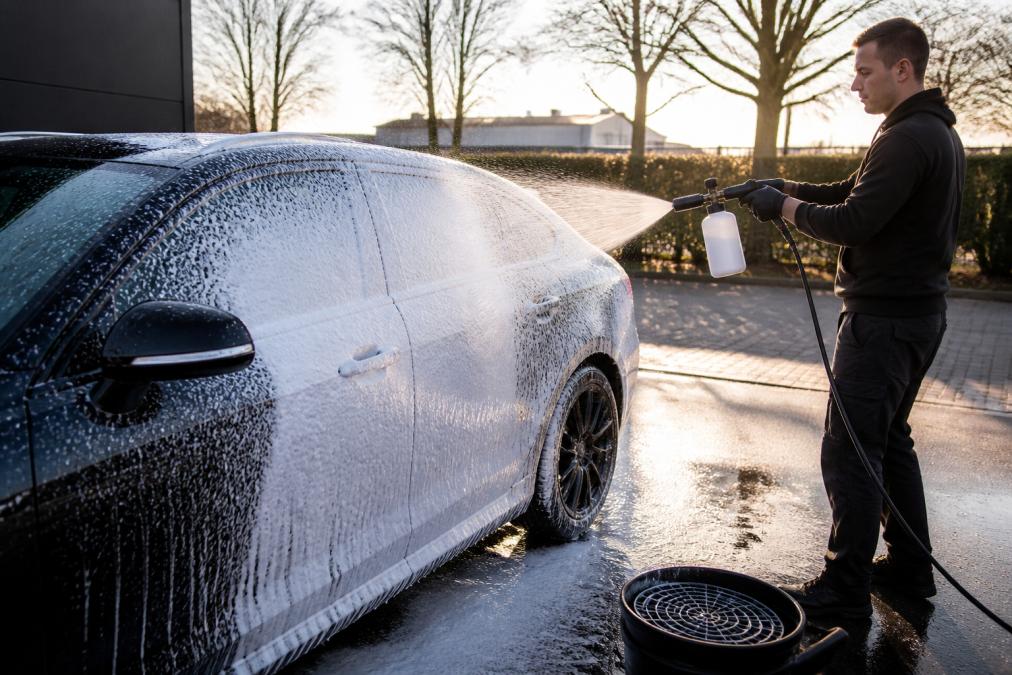 Professionele detailer die een dichte witte schuimlaag aanbrengt op een donkere auto met foam lance, schuimpatroon duidelijk zichtbaar, ochtendlicht