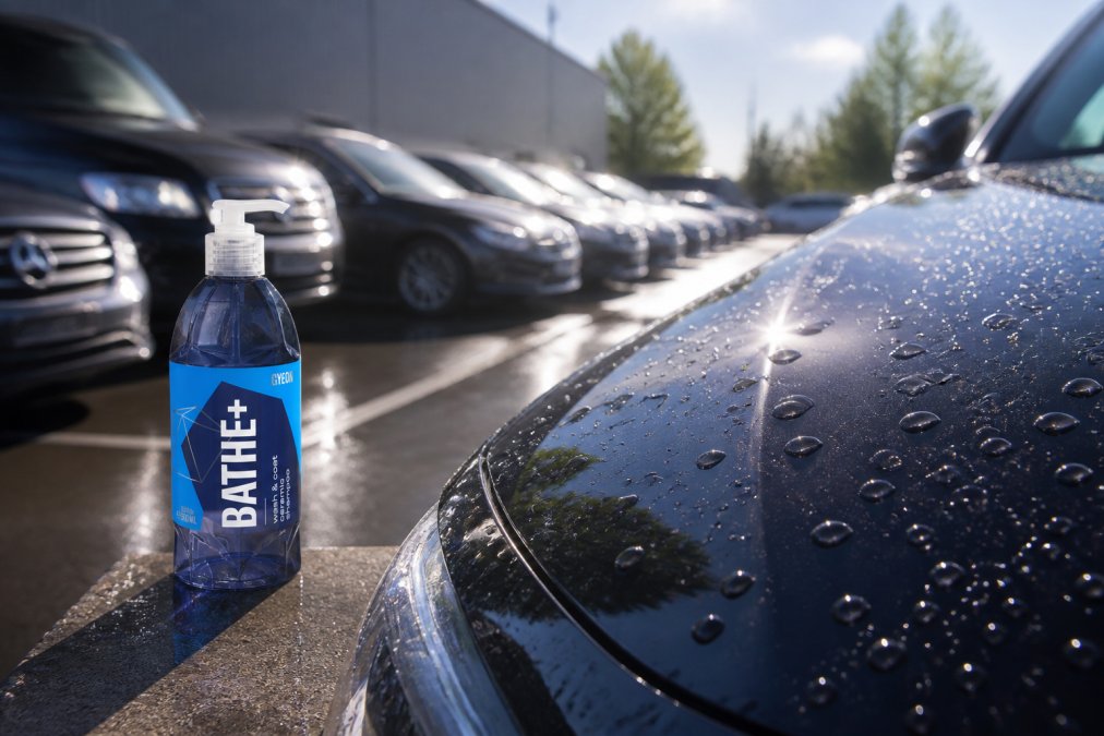 Glanzend schone auto na professioneel wassen, met waterdruppels die afstoten en reflectie van zonlicht op de lak, tegen achtergrond van zonnig wagenpark