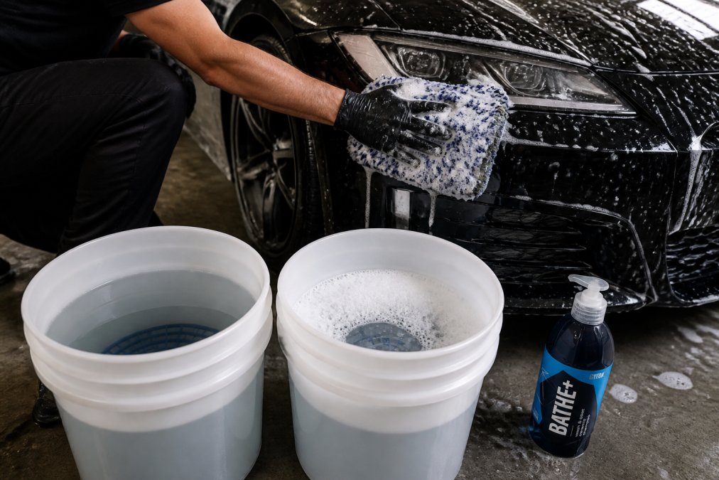 Close-up van iemand die een auto wast met een microvezel-waspad in twee emmers water, waarbij duidelijk de twee-emmer-methode zichtbaar is met een spoelemmer en wasemmer