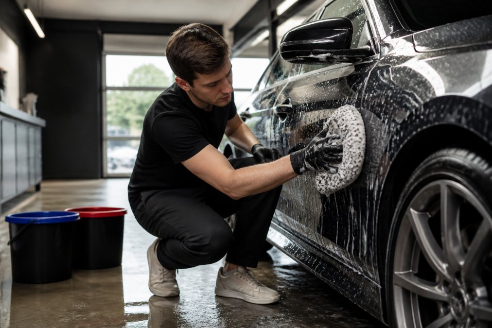 Iemand die voorzichtig een auto wast met een washandschoen en microvezeldoek in een garage, met twee emmers zichtbaar op de achtergrond