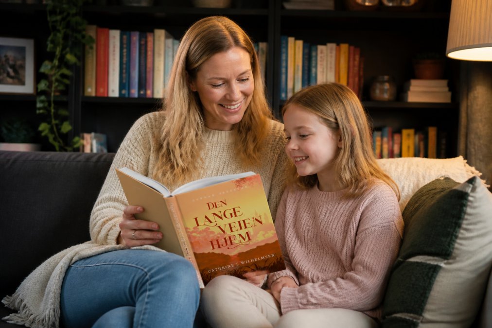 En forelder og barn sitter sammen på en sofa og leser en bok høyt, med varmt lys fra siden. Barnet ser engasjert på siden, og forelderen smiler. Hyggelig hjemmemiljø med bokhylle i bakgrunnen