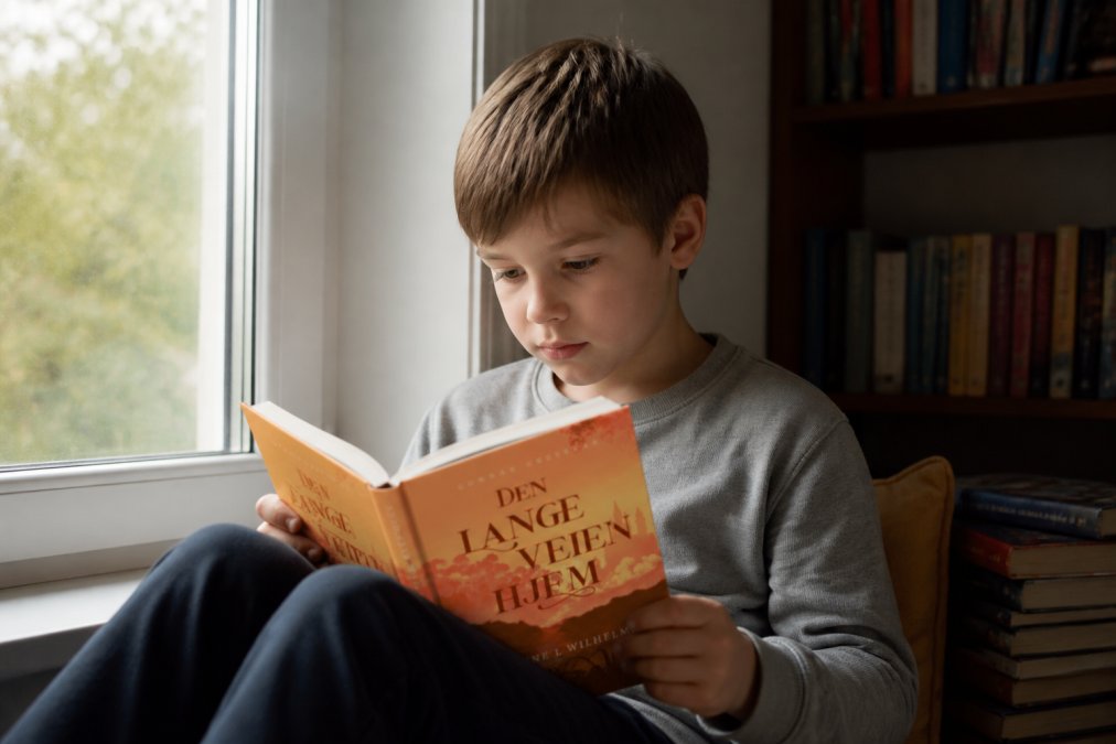 Et barn sitter alene ved et vindu og leser en illustrert bok, med naturlig lys som faller over siden. Rolig, reflektert atmosfære som viser fokus og konsentrasjon. Bokhylle eller bokstabel synlig i hjørnet