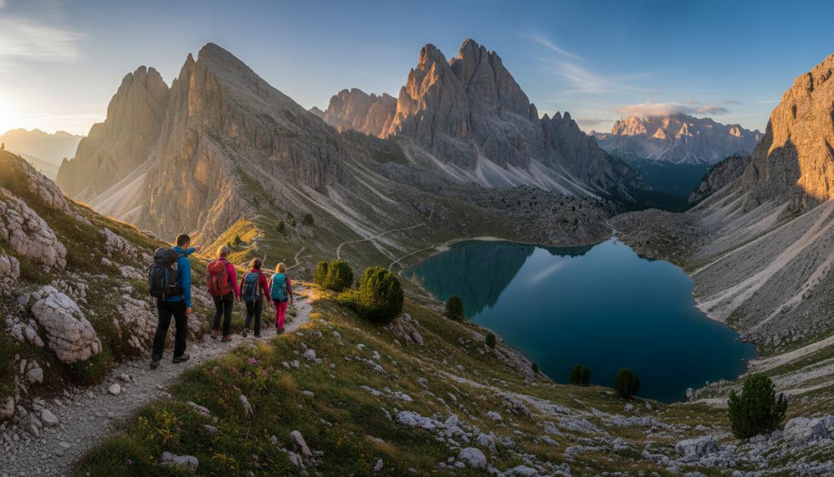 Groep wandelaars op een smal bergpad in de Dolomieten, omgeven door hoge rotswanden en alpenweiden in felle zomerse belichting
