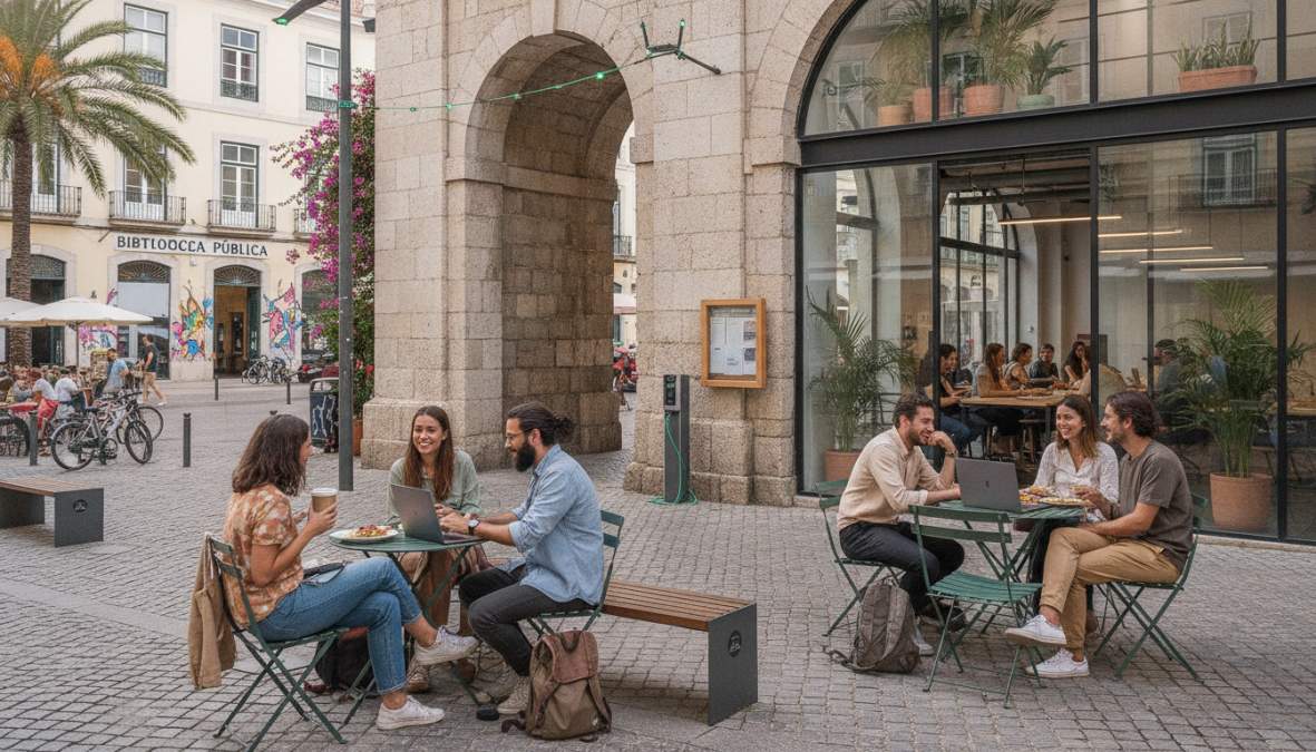 Twee digitale nomaden werkend op laptops aan een lange houten tafel in een lichte, moderne co-working space met planten en grote raampartijen op de achtergrond