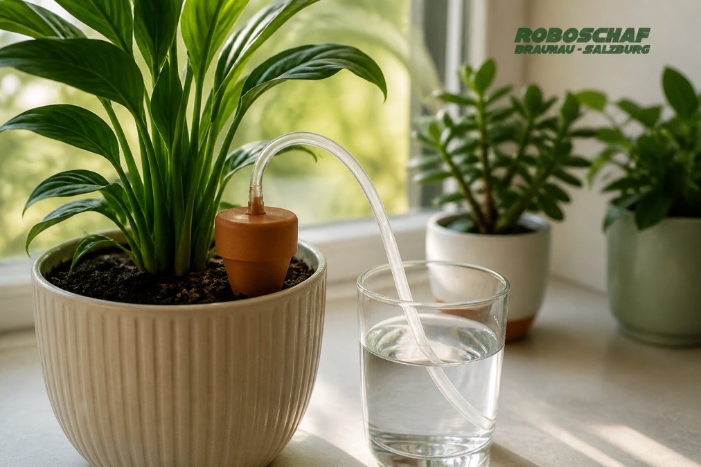 Tonkegel für die automatische Bewässerung einer Zimmerpflanze mit Schlauchverbindung zu einem Wasserglas