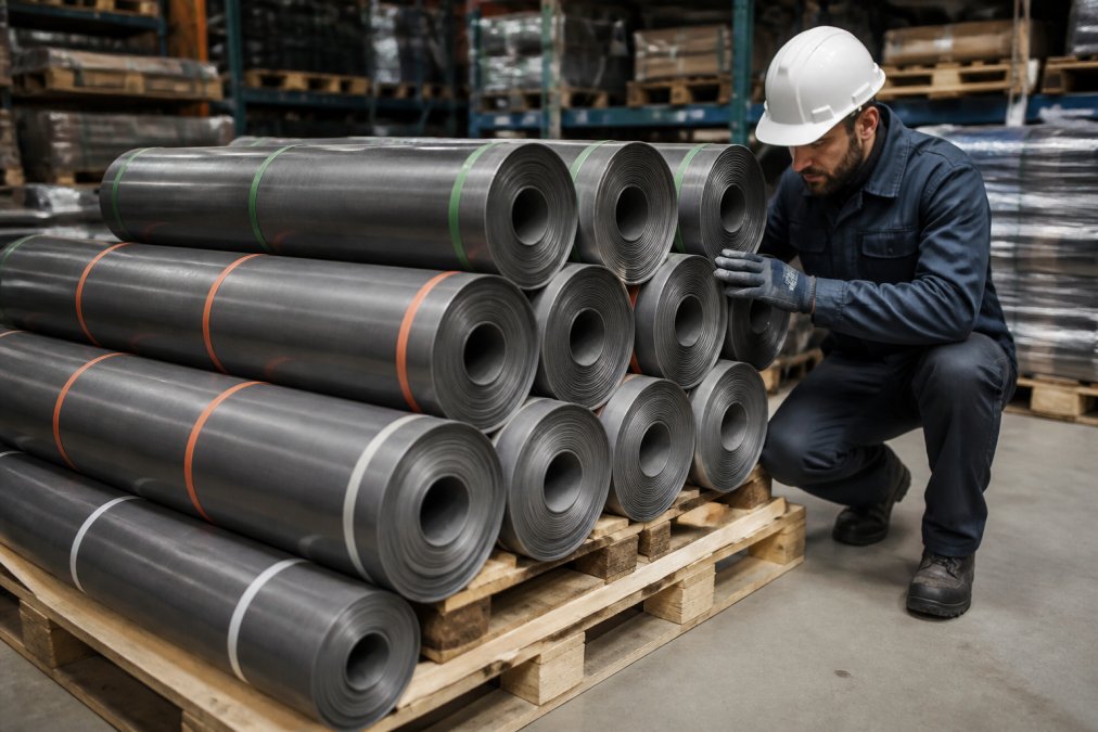 Close-up van rollen bladlood met kleurcodering gestapeld op een pallet in een modern magazijn, met een vakkundige monteur die het materiaal inspecteert onder helder licht