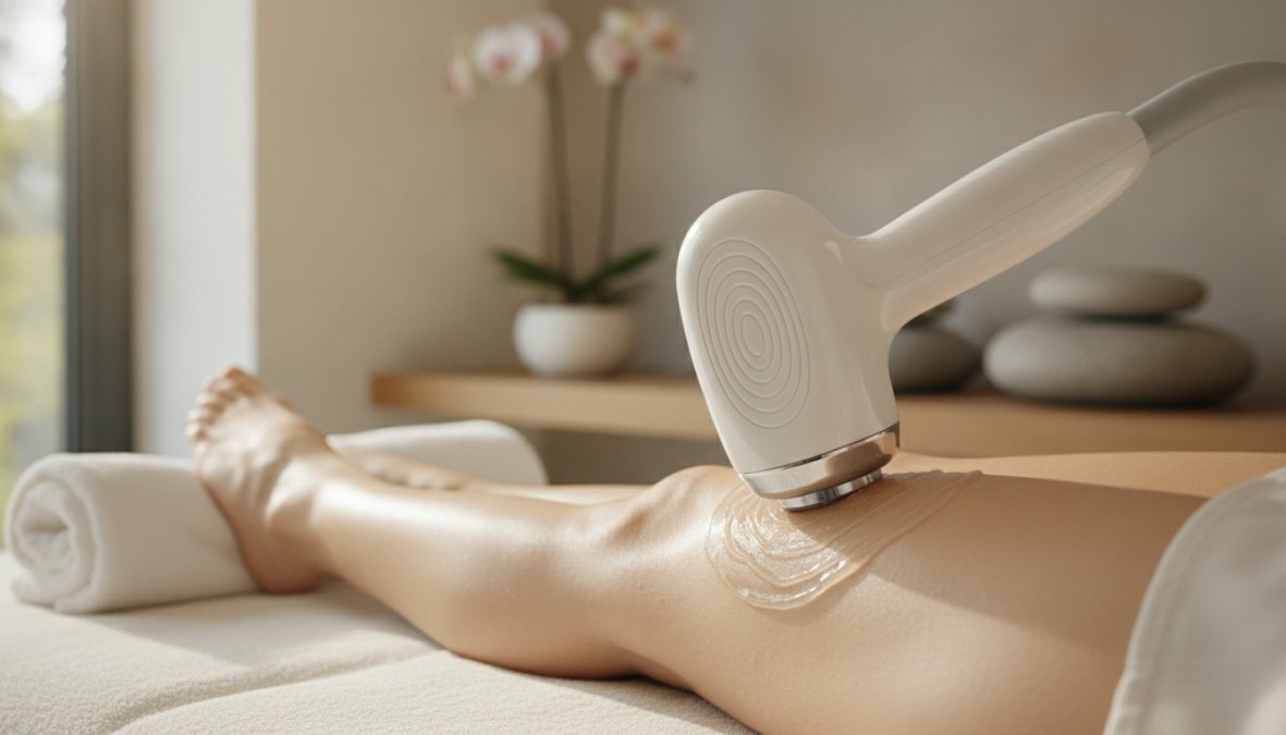 Moderne Z-Wave behandelingskop in gebruik op dij van cliënt in medische esthetische kliniek, professioneel verlichte behandelkamer