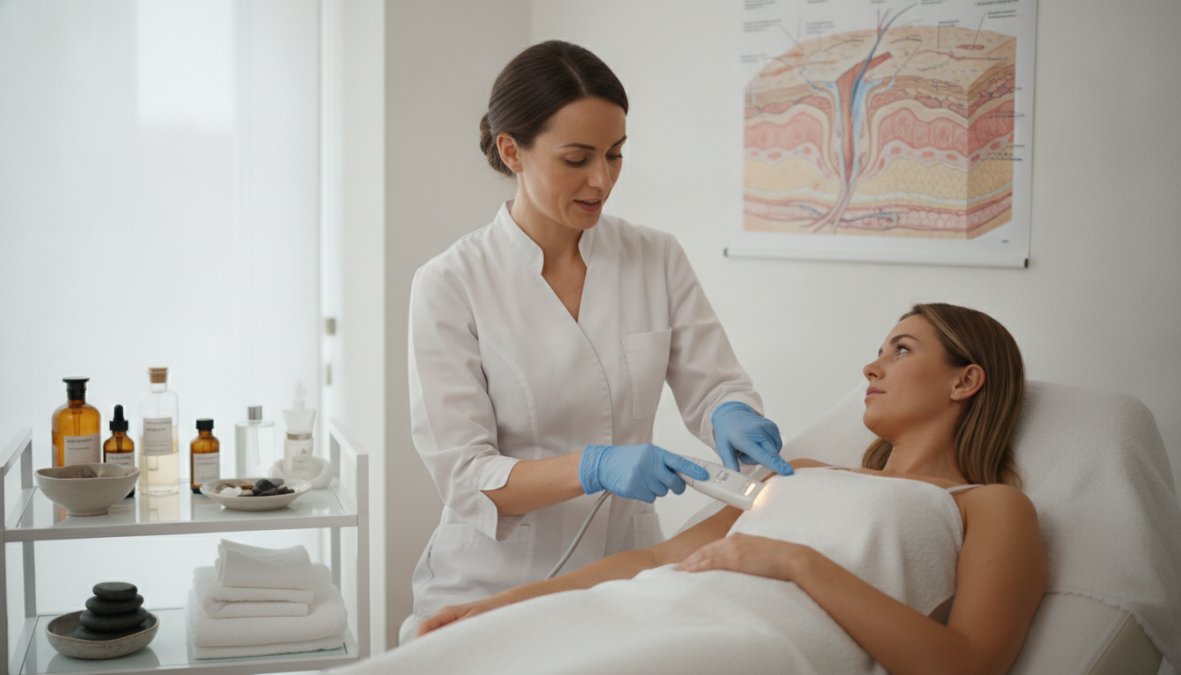 Huidspecialist voert radiofrequentie uit voor de beste body treatments voor huidverstrakking op een arm in een kliniek