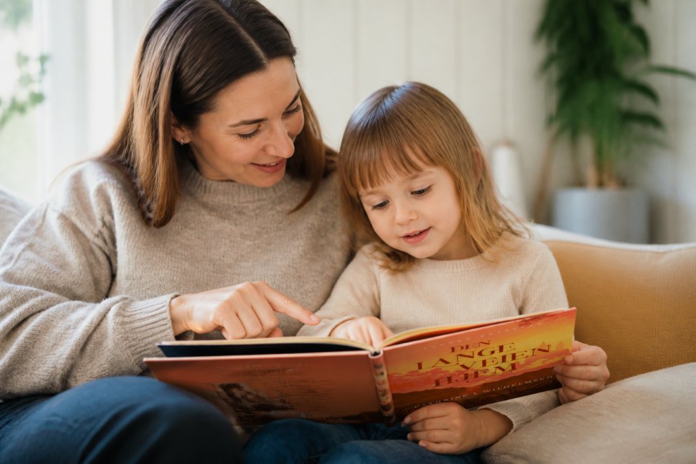 En voksen og barn sitter sammen med en åpen bok, barn ser på illustrasjonene mens voksen peker og samtaler varmt med barnet i et lyst, hjemmekoselig miljø
