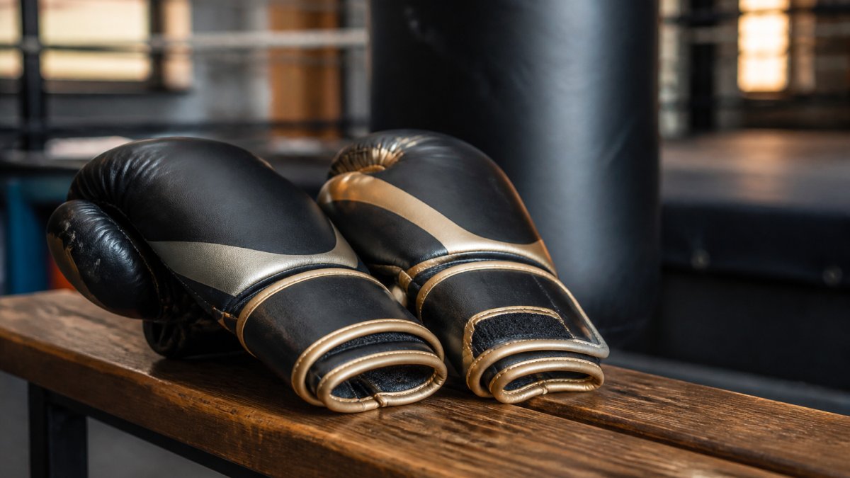 Zwarte en gouden bokshandschoenen op een houten bank in een sportschool met een bokszak op de achtergrond.