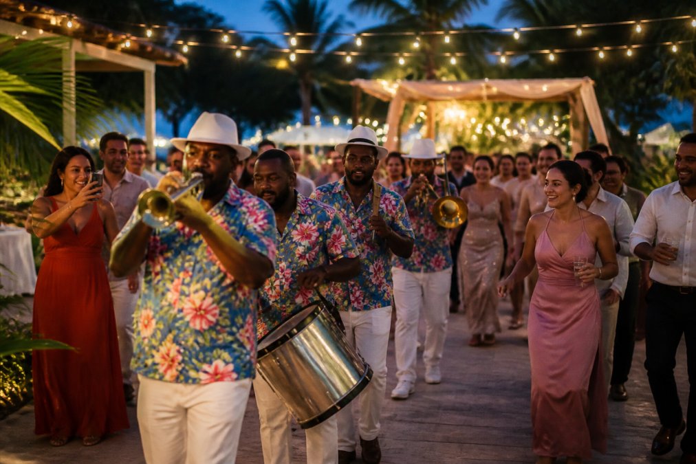 Mobiele Caribische brassband en dansende gasten op een buitenbruiloft, de beste brassband voor bruiloft boeken voor veel