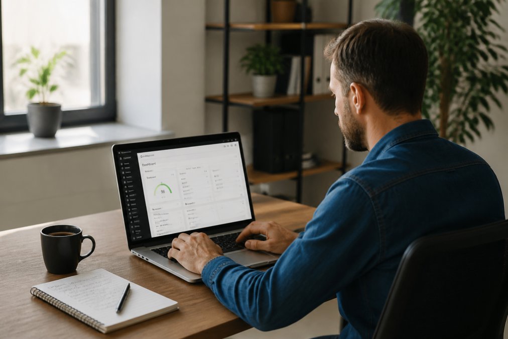 Webmaster zittend aan bureau met laptop, WordPress caching plugin dashboard zichtbaar met laadtijdmetingen en performance metrics, koffiekop en aantekeningen ernaast, kantoor met natuurlijk licht