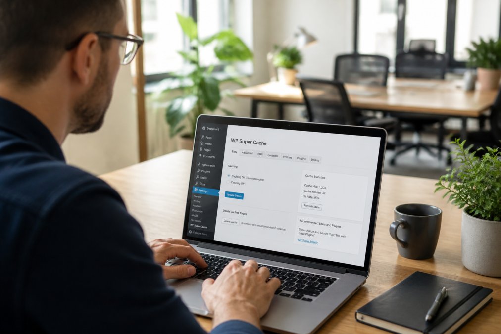 Handen die op laptop typen terwijl WordPress caching plugin instellingenscherm zichtbaar is, performance metrics op het scherm, werkruimte met kantooromgeving op achtergrond, daglicht door ramen
