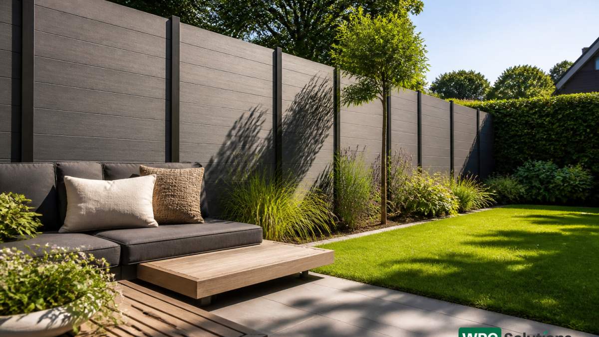 Moderne tuin met grijze composiet schutting met houtnerfstructuur, zonlicht dat de textuur benadrukt, groen gazon en planten erlangs