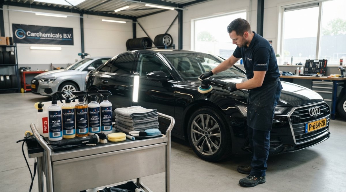 Professionele autodetailer aan het werk in een schone werkplaats, met flessen detailing producten, microvezeldoeken en polijstmachine zichtbaar op een werkbank
