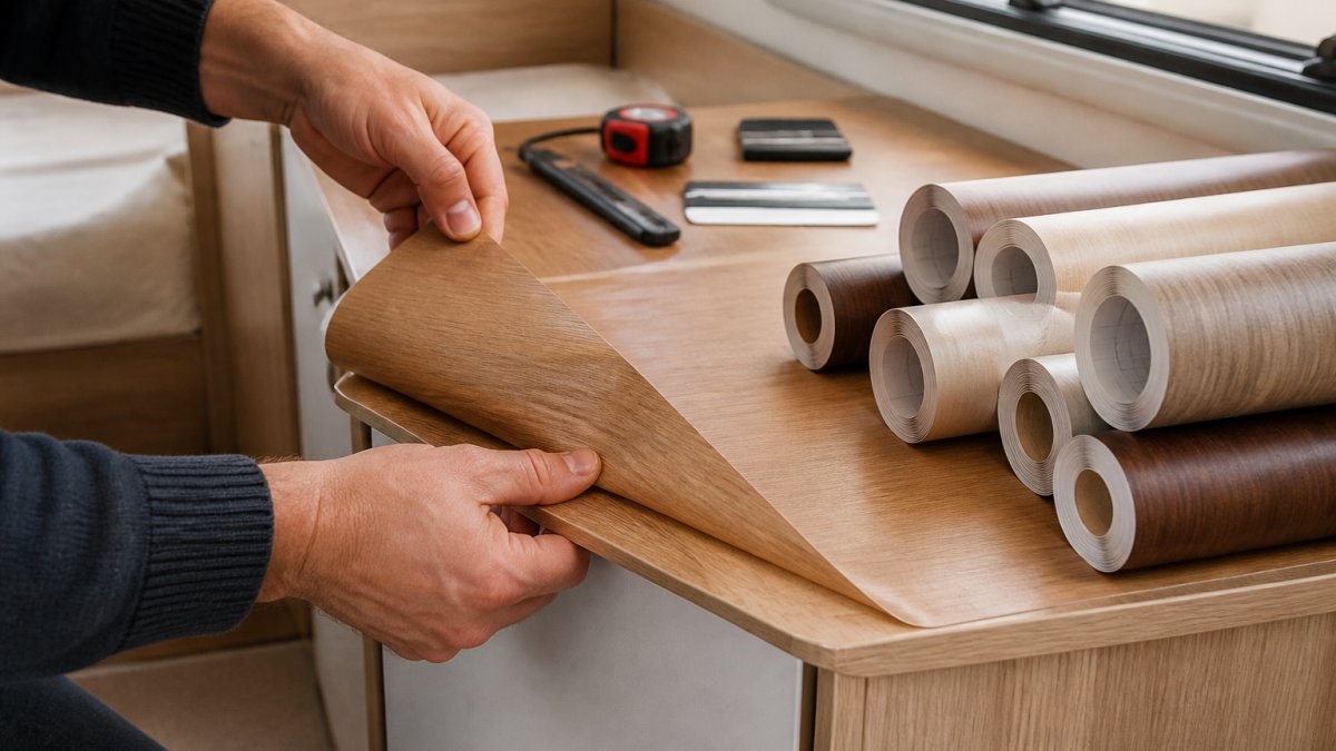 Nahaufnahme von Händen beim Anbringen einer selbstklebenden Möbelfolie auf einer Wohnwagen-Möbeloberfläche, mit verschiedenen Dekorfolien in Holzoptik und Werkzeugen im Hintergrund