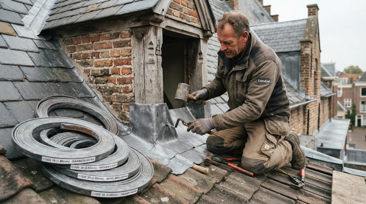 Close-up van verschillende bladlood slabben naast elkaar, gerangschikt op een werkbank met zichtbare dikte verschillen en kleurgecodeerde markeringen op de loodrol, professioneel werkplaatsmateriaal