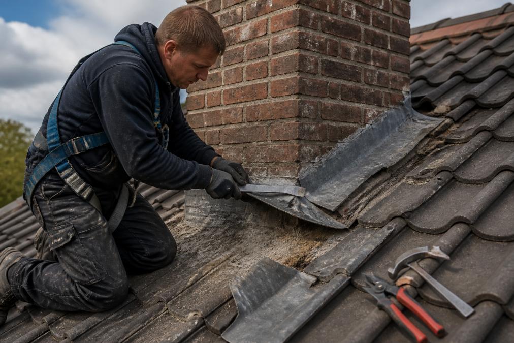 Professionele dakdekker met gereedschap en veiligheidsuitrusting die voorzichtig oud lood van een schoorsteen verwijdert, met werkgereedschap zichtbaar op het dak