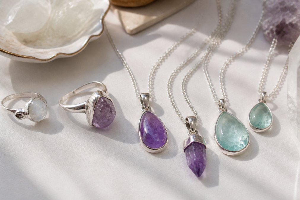 Nahaufnahme verschiedener eleganter Edelstein-Schmuckstücke in natürlichem Licht, darunter silberne Ringe mit Mondstein, violette Amethyst-Anhänger und blaugrüne Aquamarin-Halsketten, arrangiert auf weißem Hintergrund