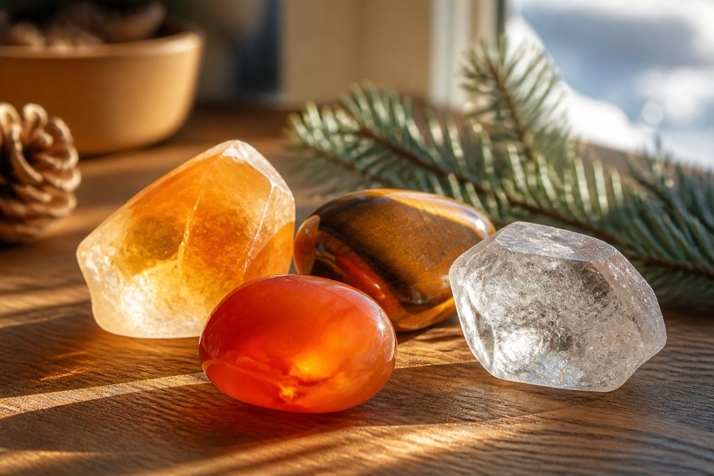 Close-up van natuurlijke edelstenen, citrien, carneool, tijgeroog en bergkristal, uitgestald op een houten tafel met warm winterzonlicht dat door de stenen schijnt, wat hun kleur en glans benadrukt