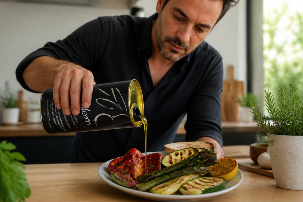 Een persoon voorzichtig Doleon olijfolie giet over een bord met gegrilde groenten in een moderne keuken met natuurlijk licht
