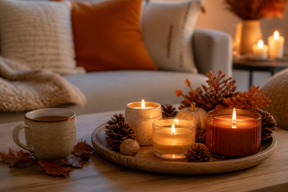 Gezellige woonkamer met de beste geurkaarsen, warme verlichting en herfstdecoratie naast een warm kopje thee op tafel.